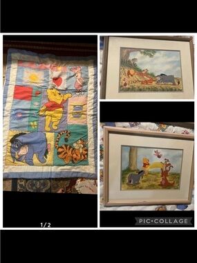Vintage Disney Winnie the Pooh baby comforter and 2 framed Winnie Pooh pictures